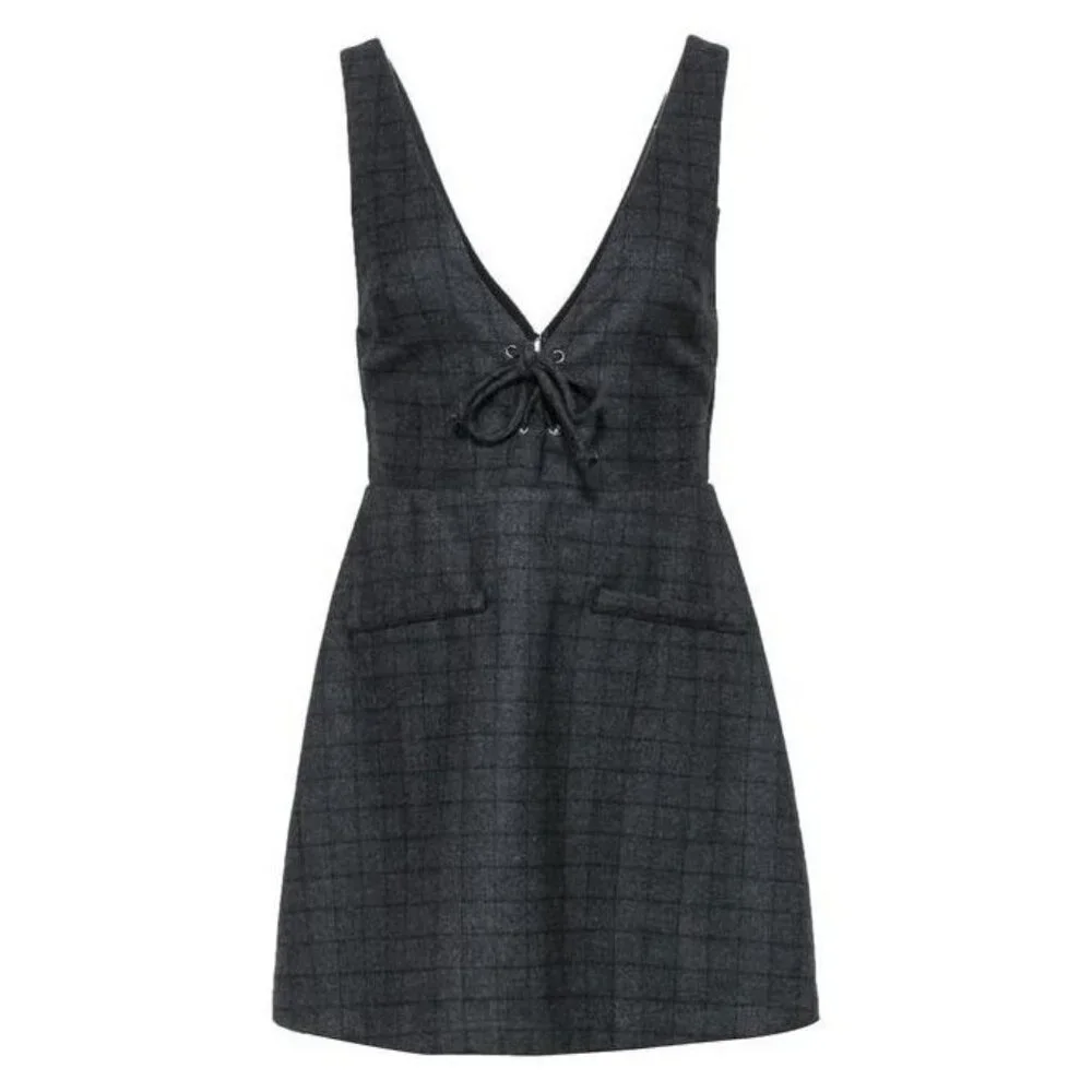 reformation rigley plaid mini dress v neck tie zipup charcoal size 4 - Picture 2 of 8